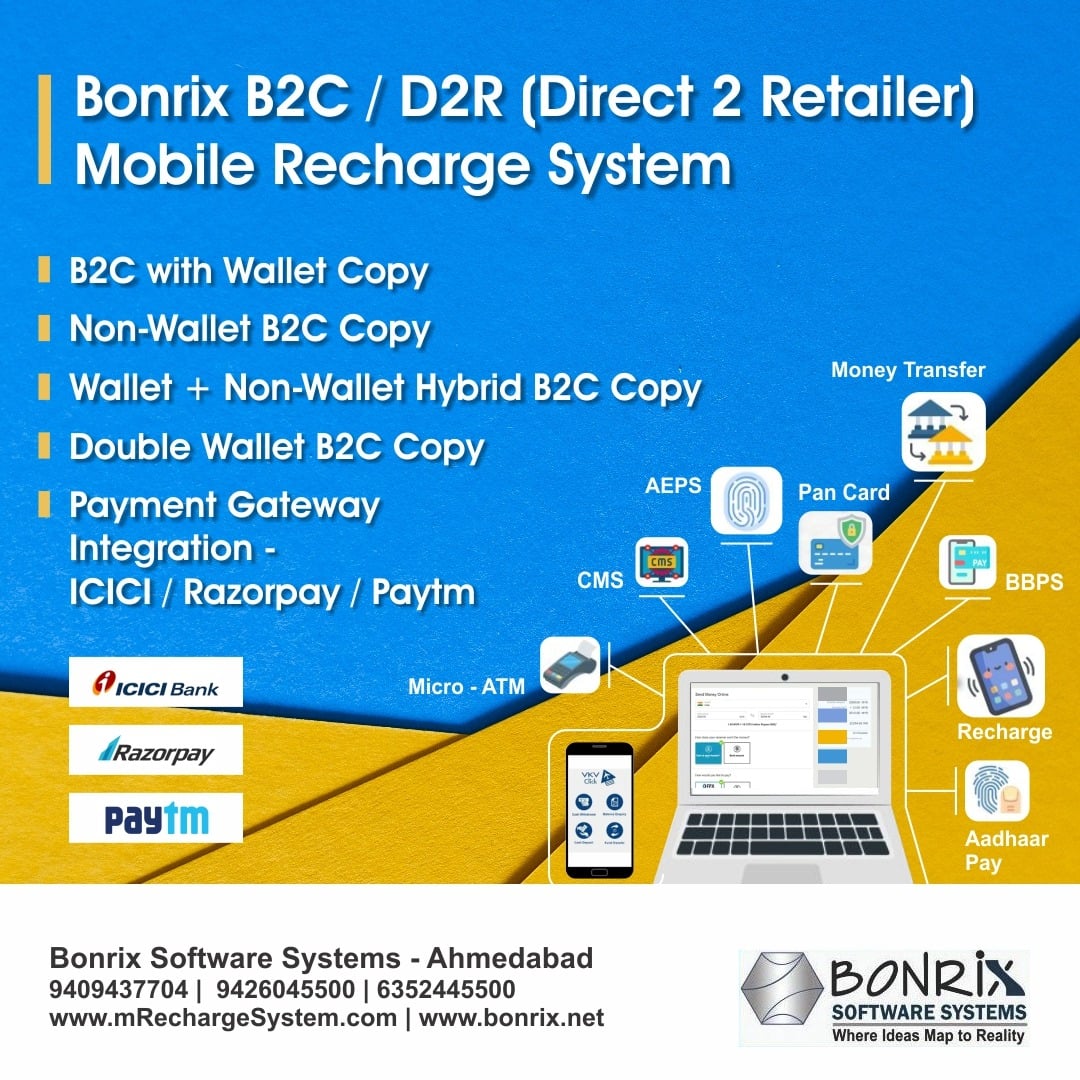 Bonrix B2C / D2R Mobile Recharge System: Features B2C with wallet copy, non-wallet B2C copy, hybrid B2C copy, double wallet B2C copy, and supports AEPS, BBPS, micro ATM, and DMR (money transfer). Includes payment gateway integration with ICICI, Razorpay, and Paytm.