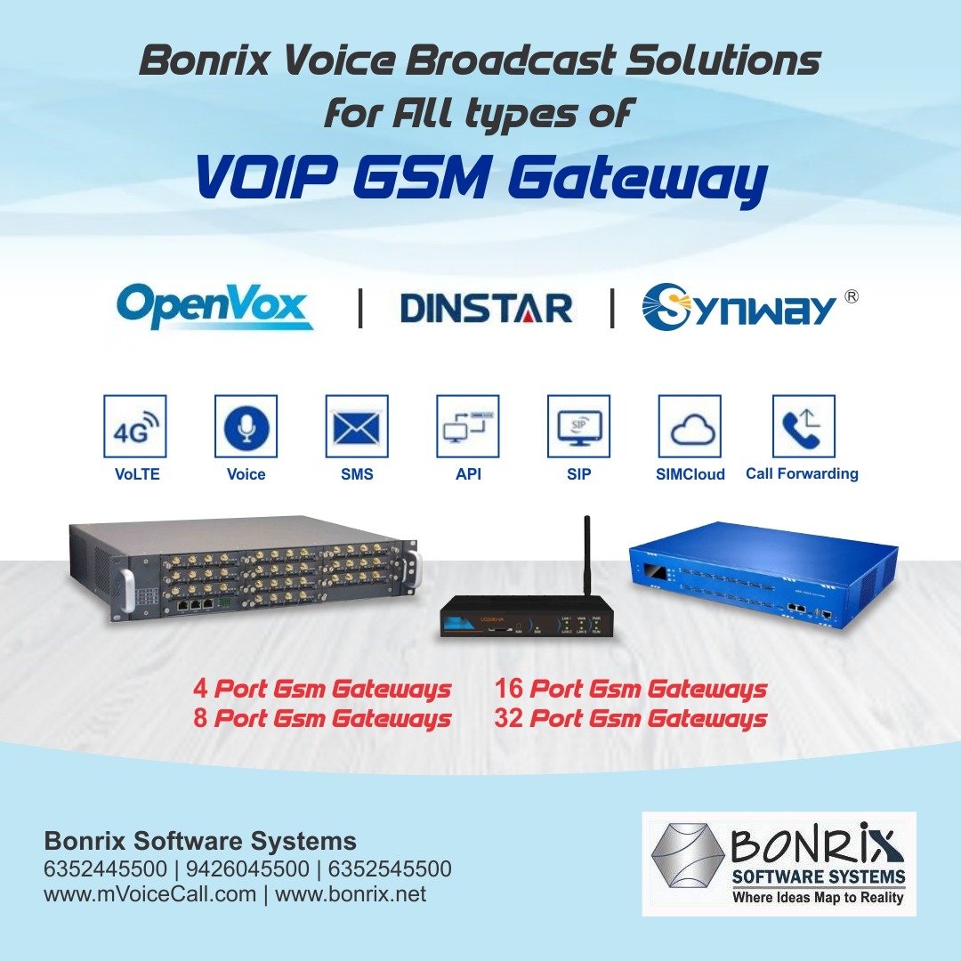 Bonrix Voice Broadcast Solutions: Includes solutions for all types of VOIP GSM gateways such as OpenVox, DINSTAR, and Synway. Available in 4 port, 8 port, 16 port, and 32 port GSM gateways.