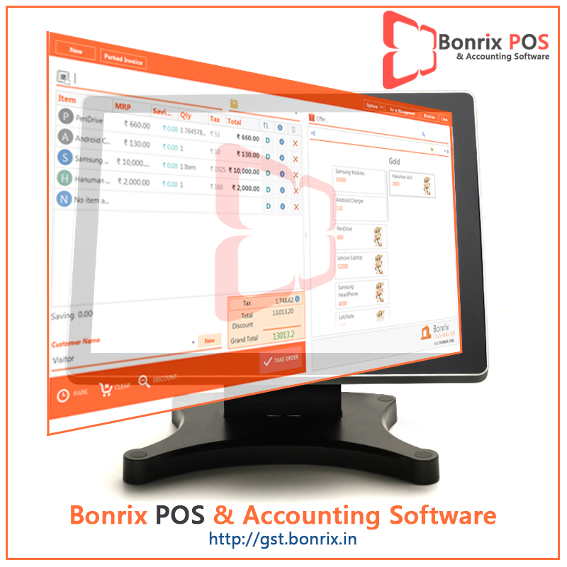 Bonrix POS and Accounting Software interface showing features for managing point-of-sale transactions, inventory, and accounting processes