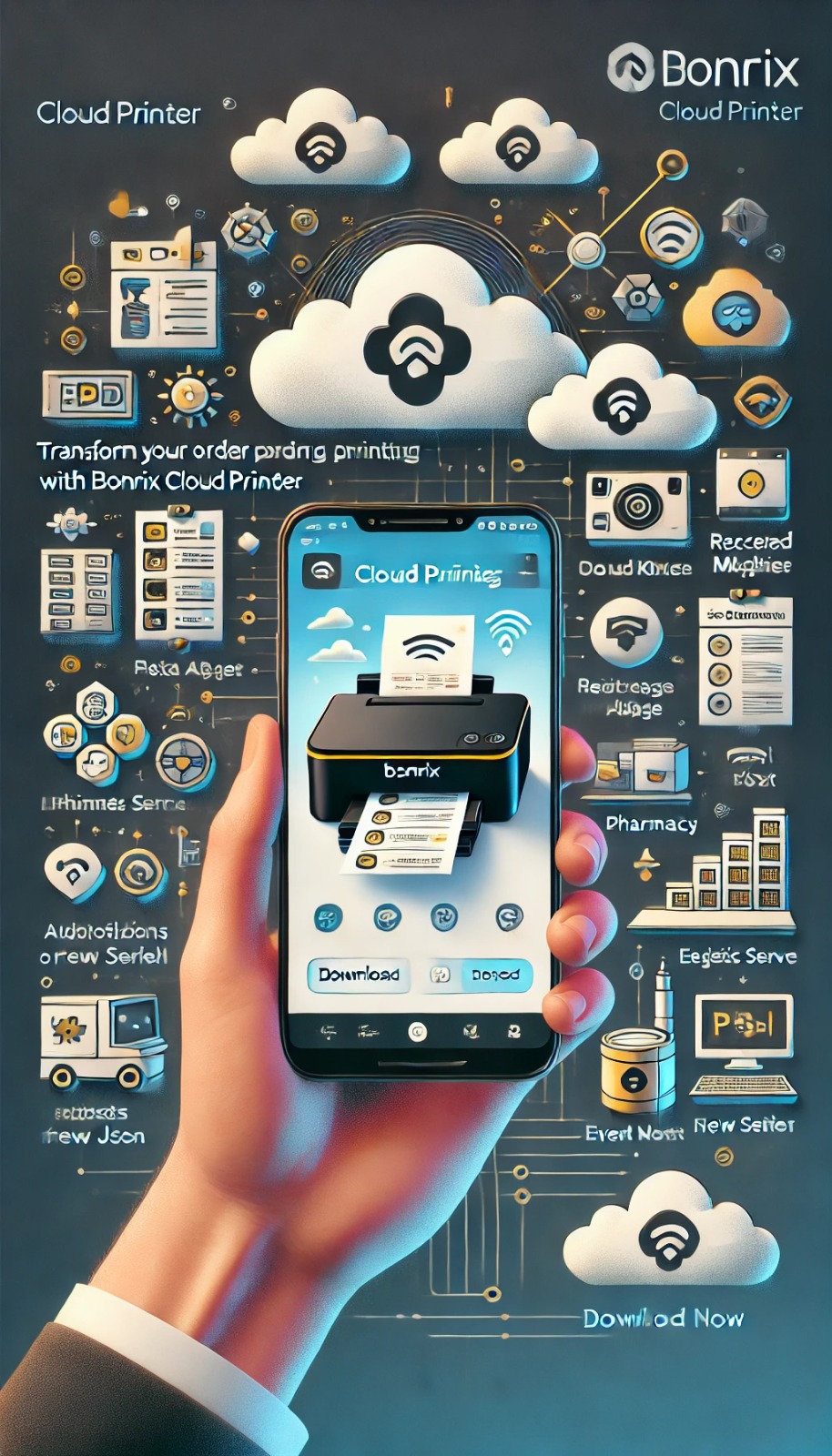 Bonrix Cloud Printer Android app for seamless order processing in cloud kitchens.