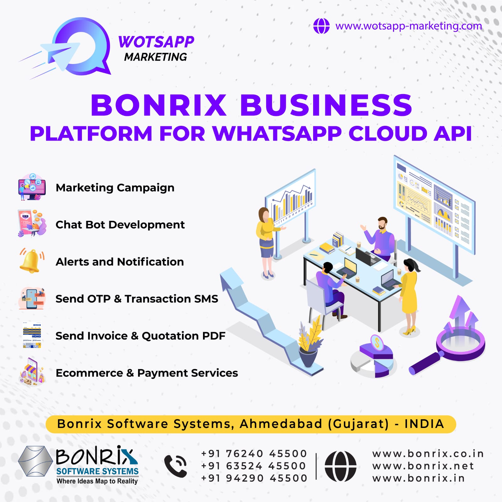 Bonrix Business Platform for WhatsApp Cloud API with Marketing Campaign, Alerts, Notifications, OTP, Transaction SMS, Invoice, Quotation PDF, Ecommerce, and Payment Services