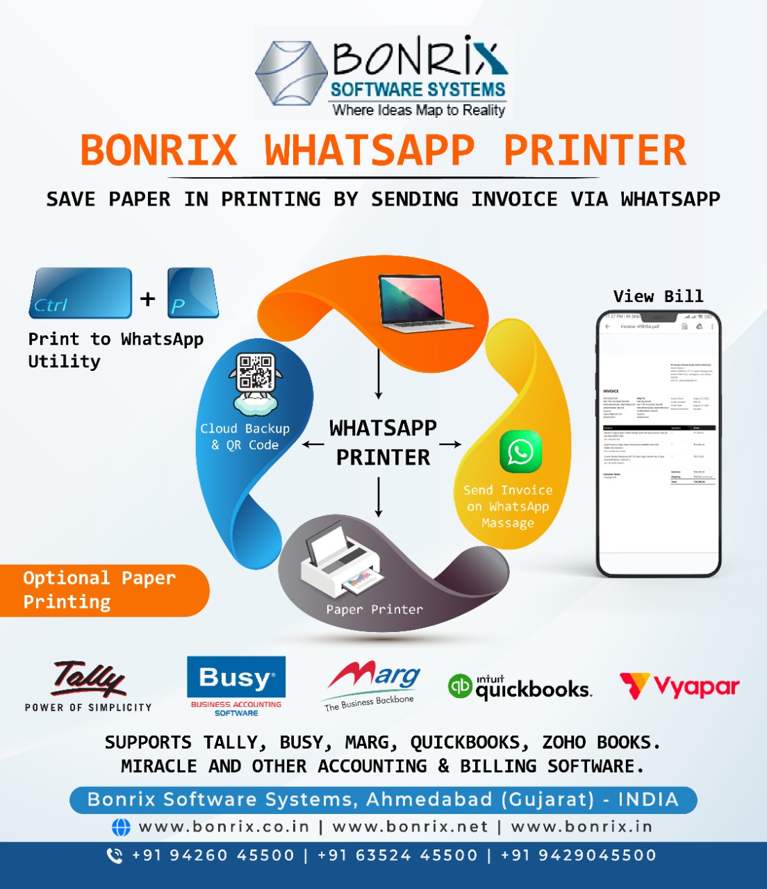 Bonrix WhatsApp Printer with Cloud Backup, QR Code, Invoice on WhatsApp, Optional Paper Printing, and Support for Tally, Busy, Marg, Quickbooks, Zoho Books, Miracle, and more