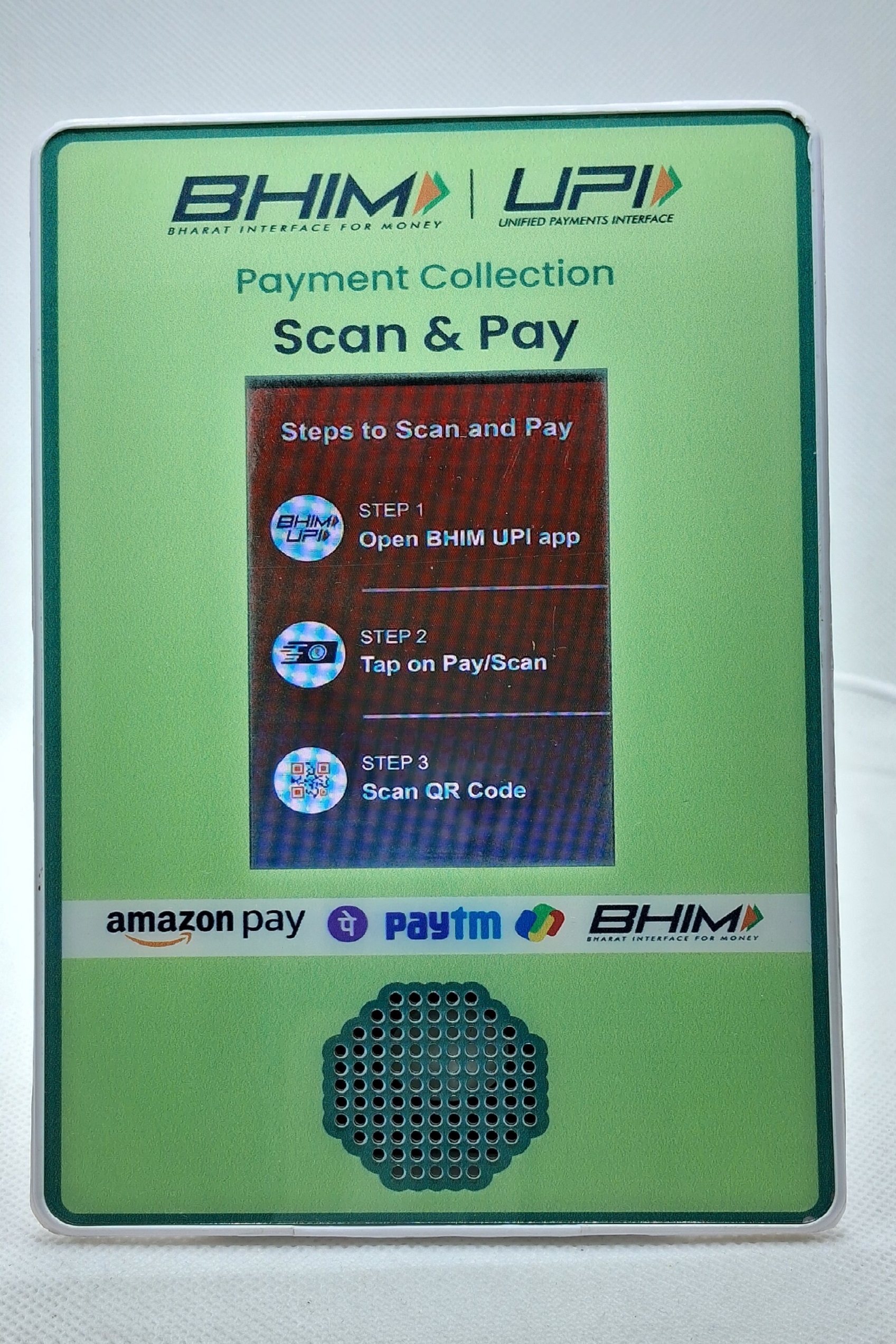 Hybrid QR soundbox displaying ad and payment QR