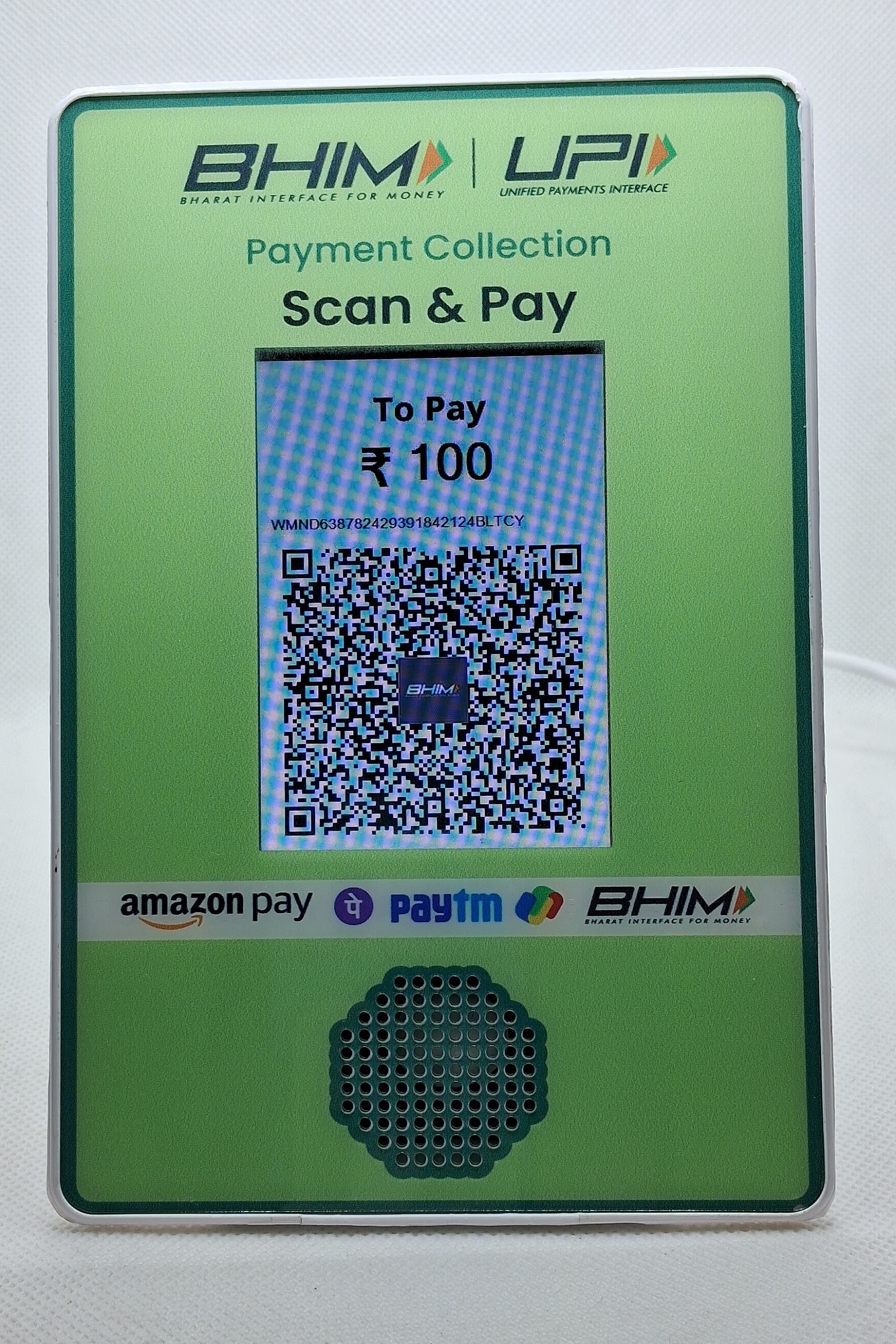 Payment soundbox screen with menu image and QR code