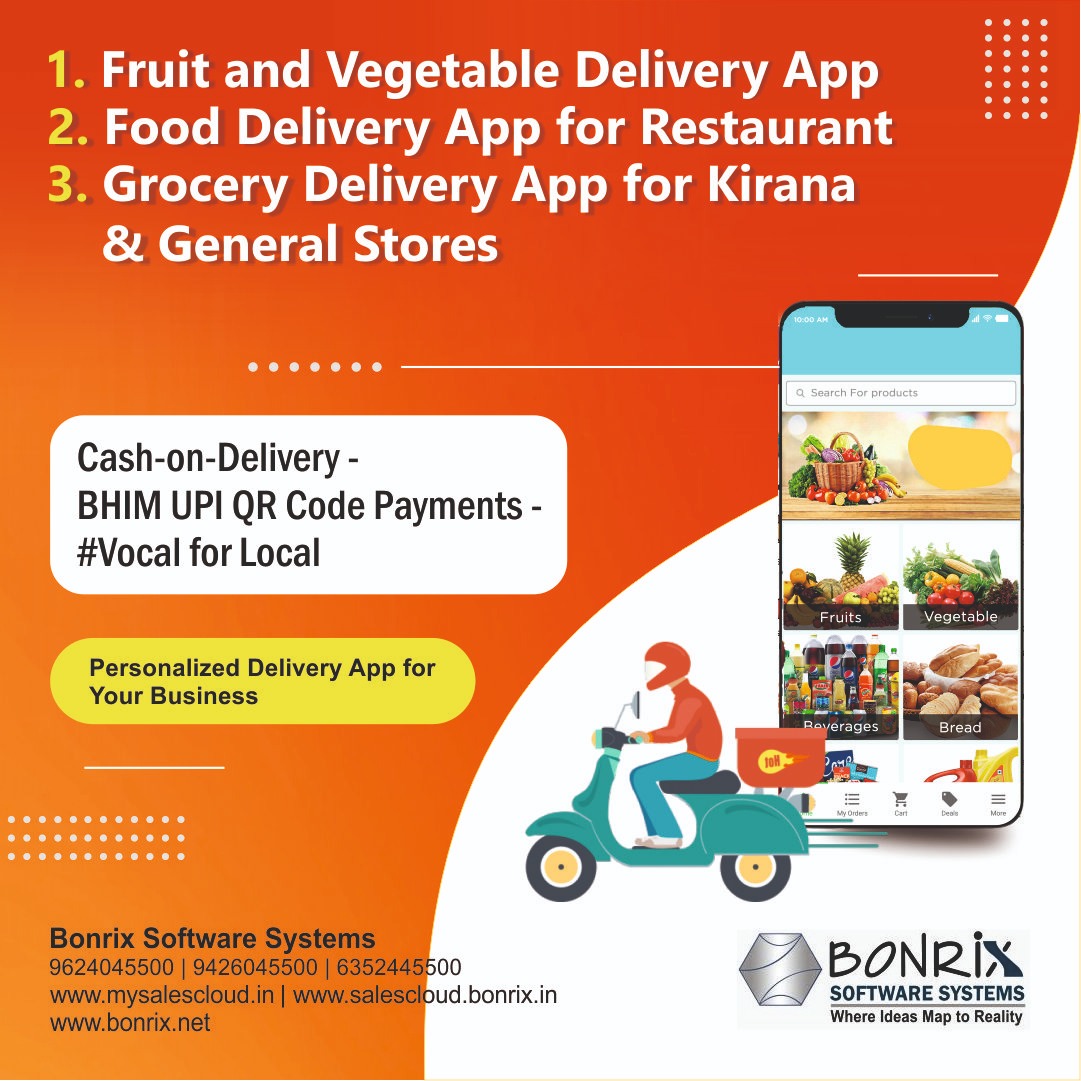  Fruit and Vegetable Delivery App: Personalized delivery app for fruits and vegetables, food delivery for restaurants, and grocery delivery for kirana and general stores. Features cash-on-delivery and BHIM UPI QR code payments.