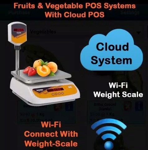 Android POS software for fruit and vegetable markets, with inventory management, suitable for various segments like fruit & vegetable marts, cafes, pizza places, bakeries, ice cream shops, and coffee shops
