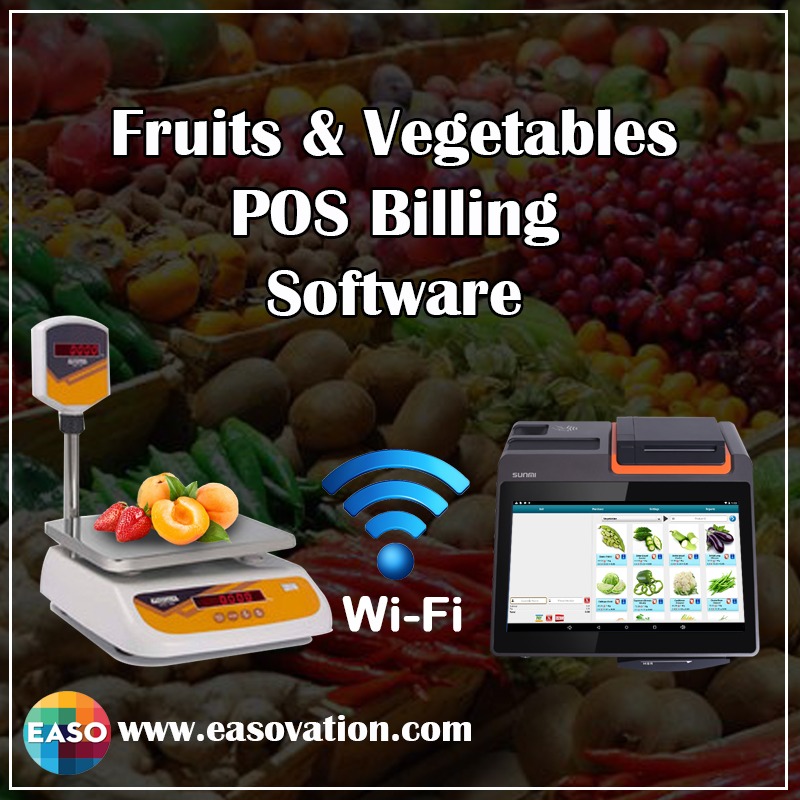 POS software for fruit and vegetable markets, designed for Android tables, suitable for various segments like fruit & vegetable marts, cafes, pizza places, bakeries, and coffee shops