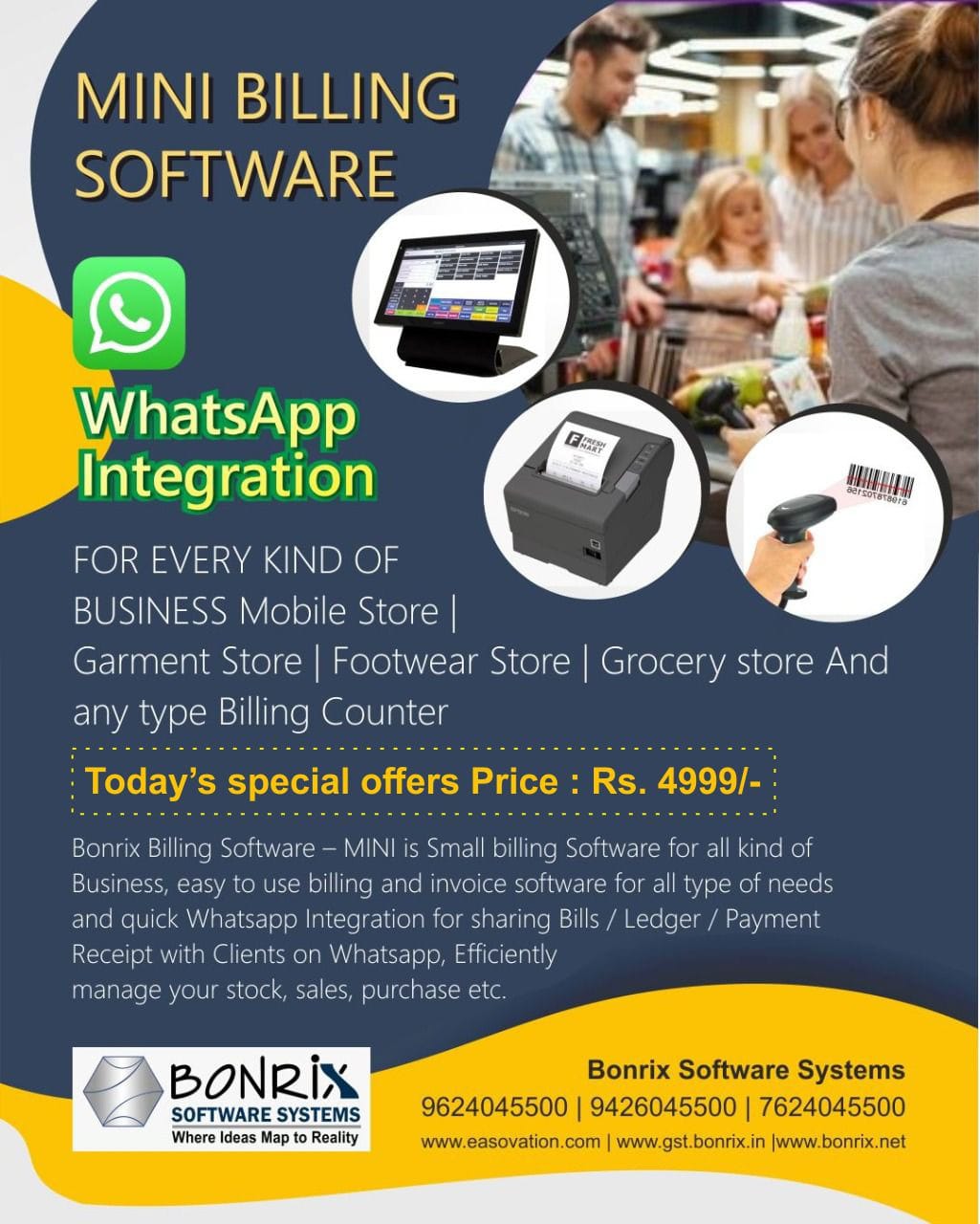 MINI Billing Software: Small billing software for all types of businesses. Easy to use for billing and invoicing, with quick WhatsApp integration for sharing bills, ledgers, and payment receipts. Manages stock, sales, and purchases. Special offer price: Rs. 4999