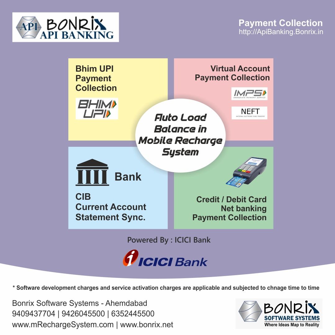 BONRIX API BANKING Payment Collection: UPI, Virtual Account Payment Collection, CIB Current Account Statement Sync, Credit/Debit Card and Net Banking Payment Gateway. Auto Load Balance in Mobile Recharge System. Powered by ICICI Bank