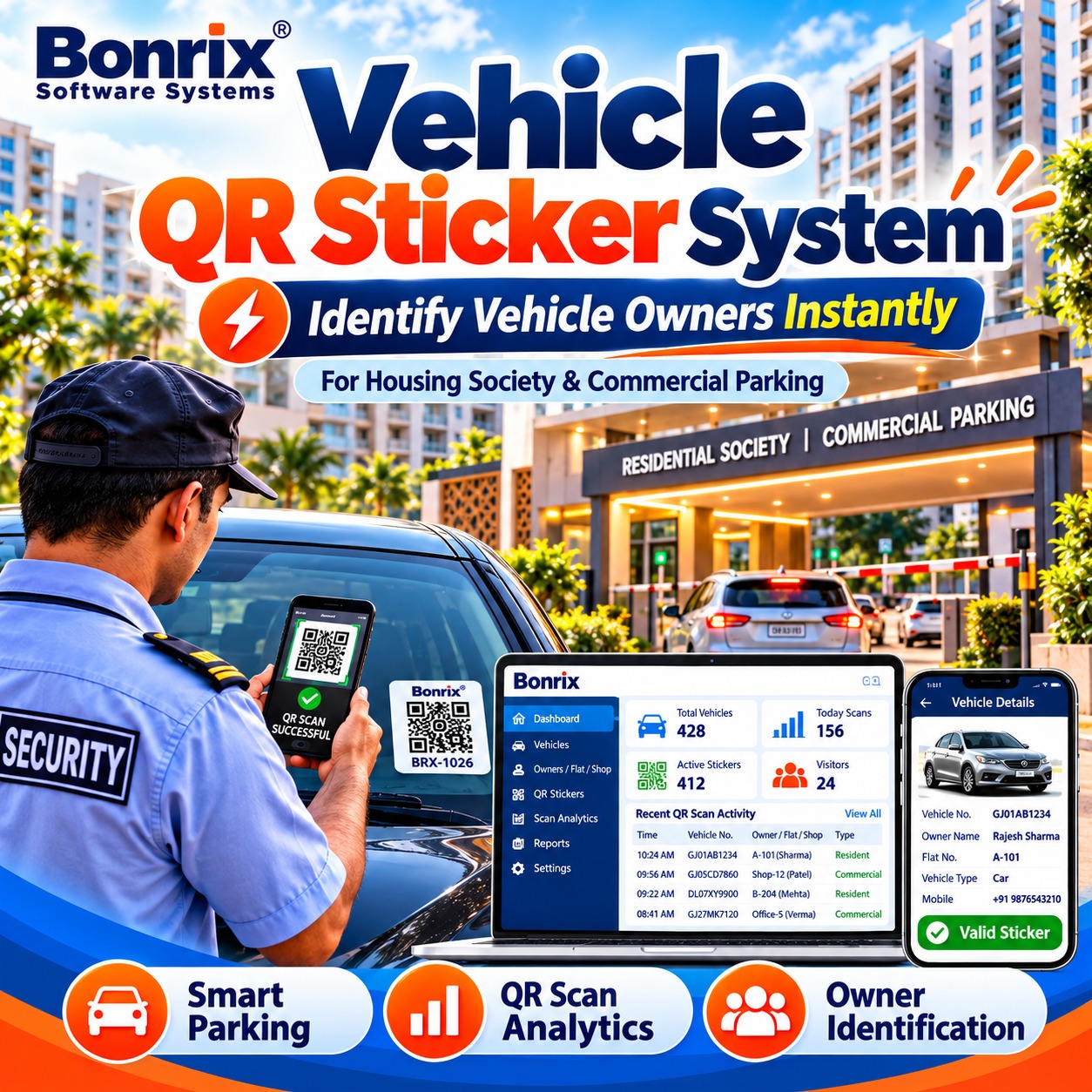 Bonrix Vehicle QR Sticker Management System for Smart Housing Society & Commercial Parking Security
                                                                            