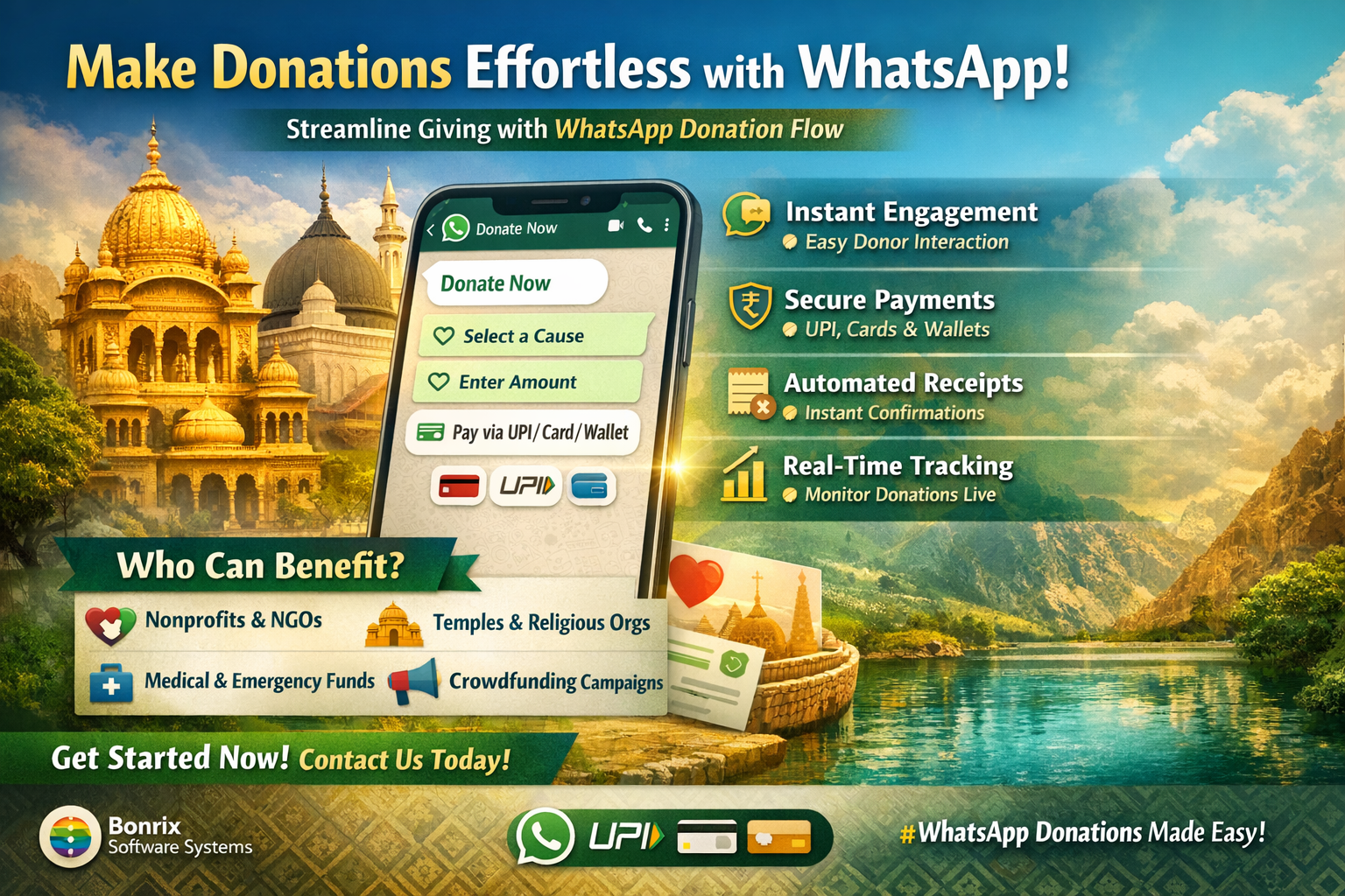 WhatsApp Donation Flow Interface with UPI Payment for Temple & NGO Fundraising