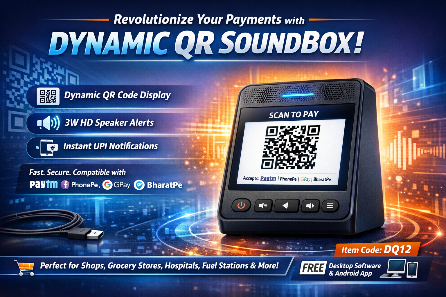 Bonrix DQ12 Dynamic QR SoundBox Display at Retail Payment Counter
