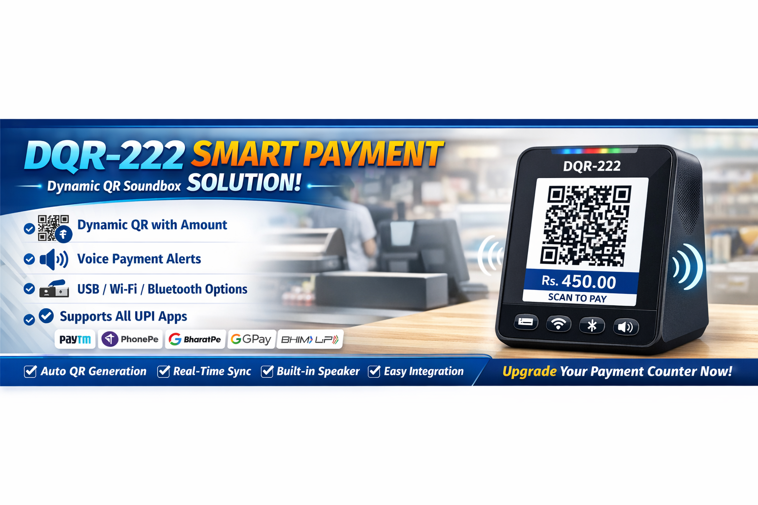 Bonrix DQR-222 Dynamic QR Soundbox Display at Retail Counter
