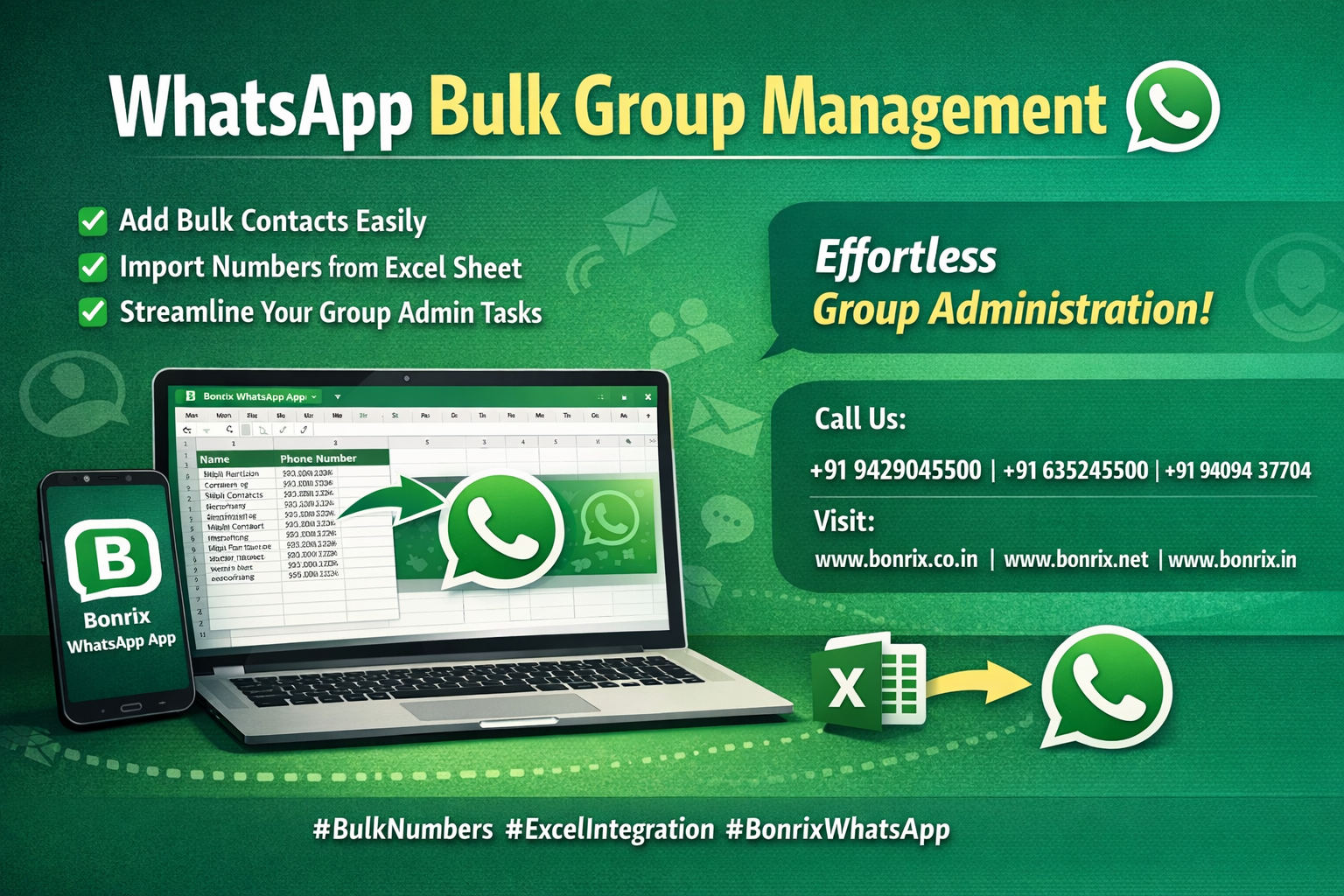 Bonrix WhatsApp Application - Bulk Number Addition via Excel Sheet Tutorial Screens