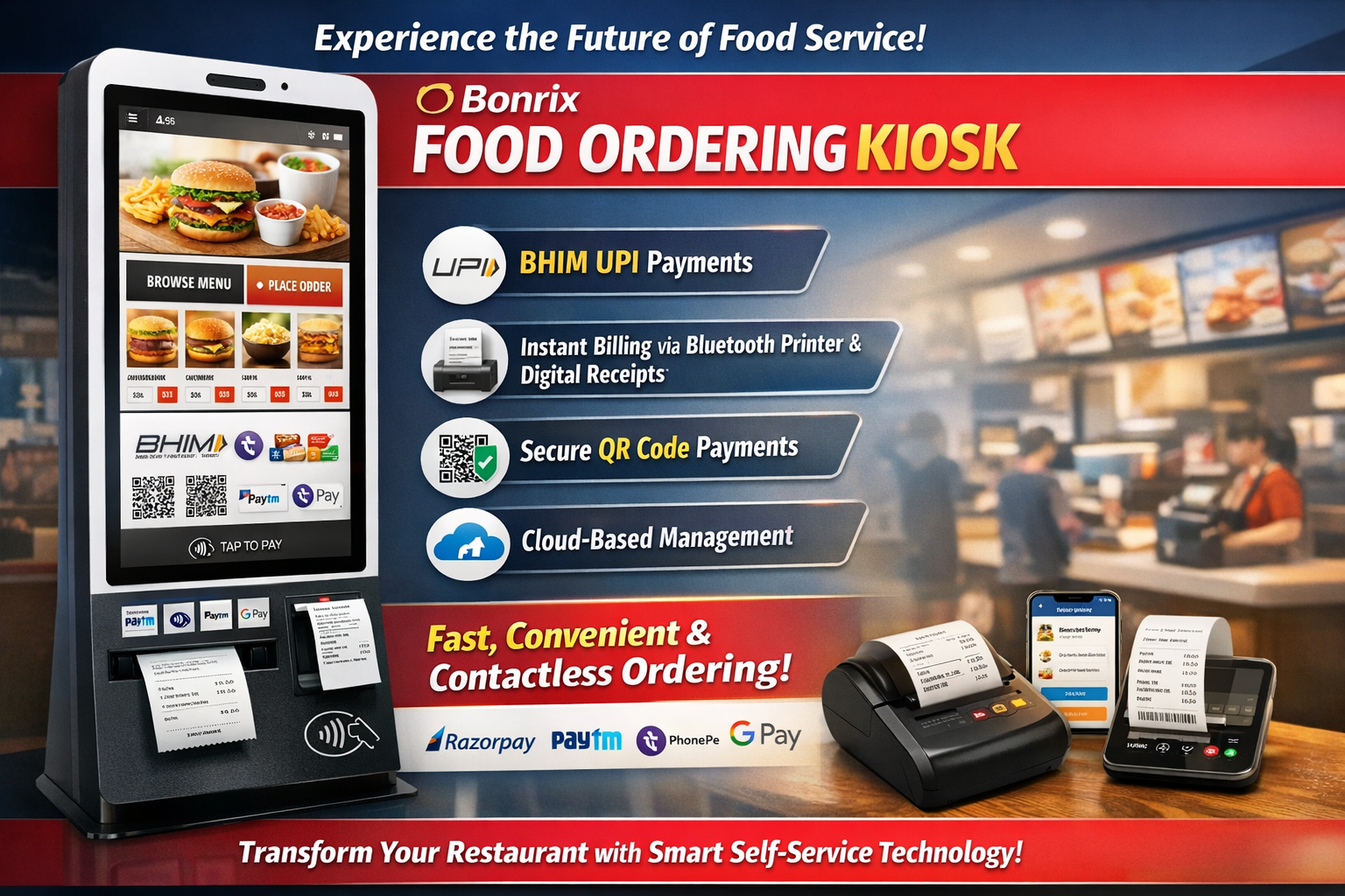 Bonrix Food Ordering Self-Service Kiosk – Android Interface with UPI Payment & Receipt Options