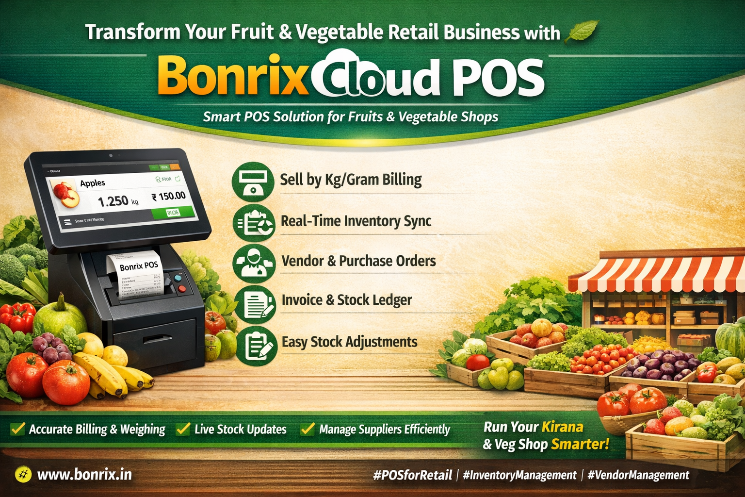 Bonrix Cloud POS Dashboard for Fruit & Vegetable Retail – Weighted Billing, Inventory Ledger & Vendor Management