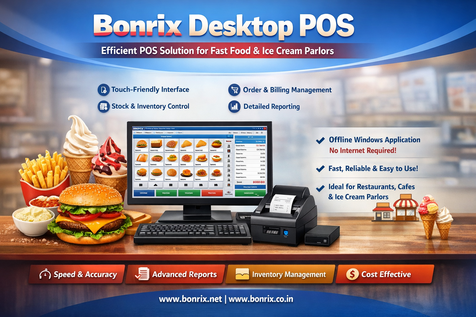 Bonrix Desktop POS Interface for Ice Cream Parlor – Touch-Friendly Visual Ordering & Inventory Control