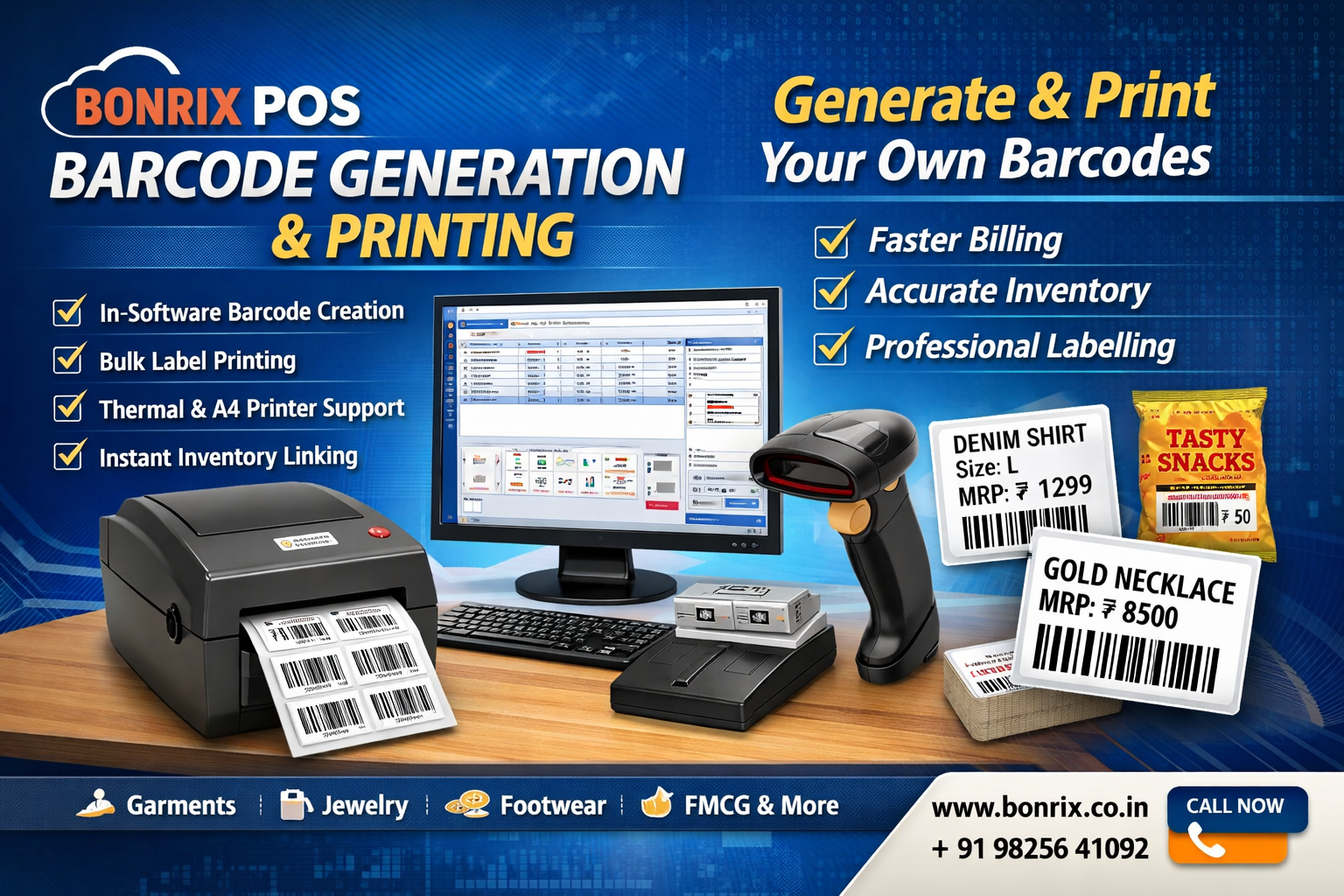 Bonrix POS Desktop Barcode Generation Interface – Thermal Printing & Inventory Linking
