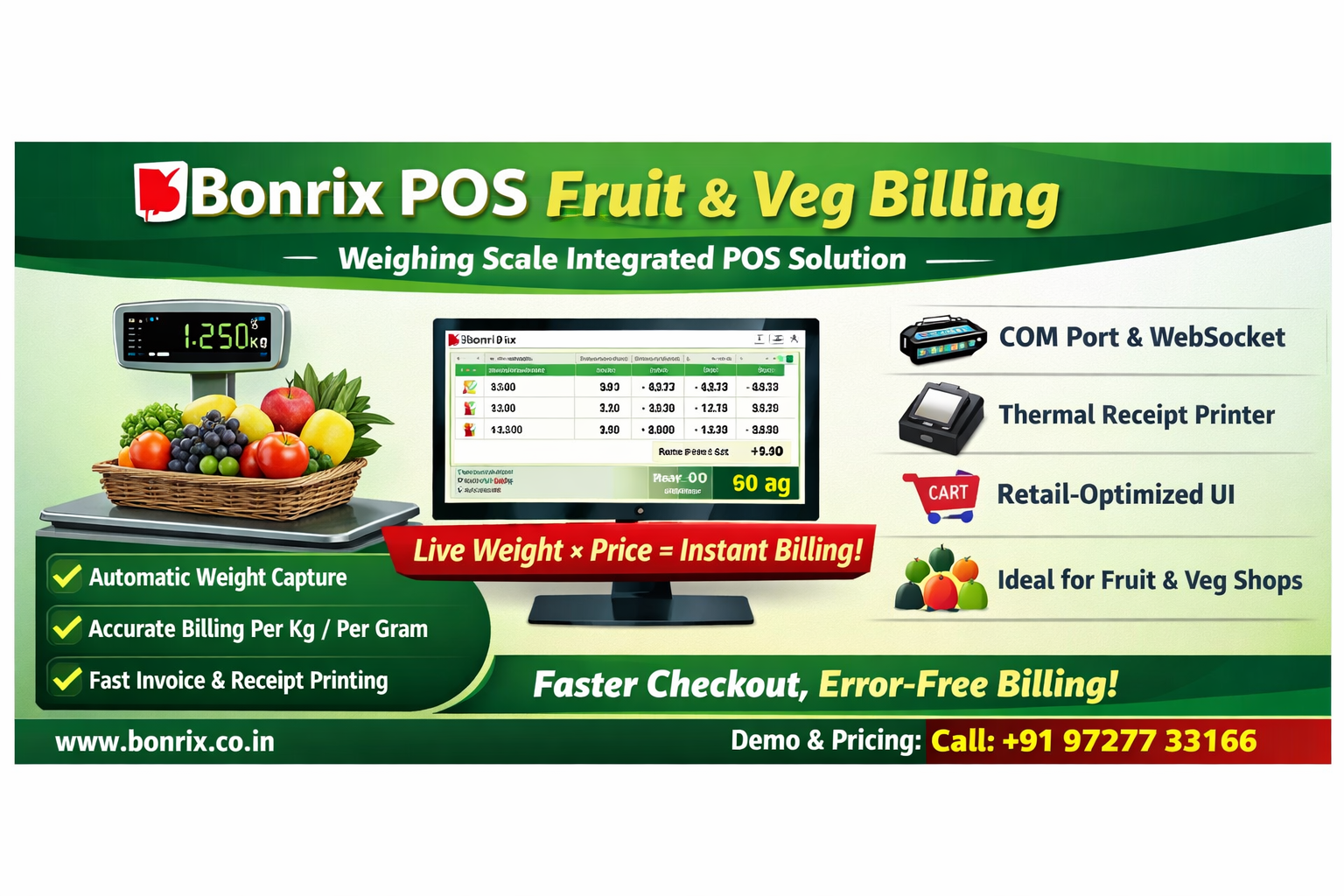 Bonrix POS Desktop with Digital Weighing Scale Integration – Real-Time Weight Capture & Billing for Fruit Vegetable Stores