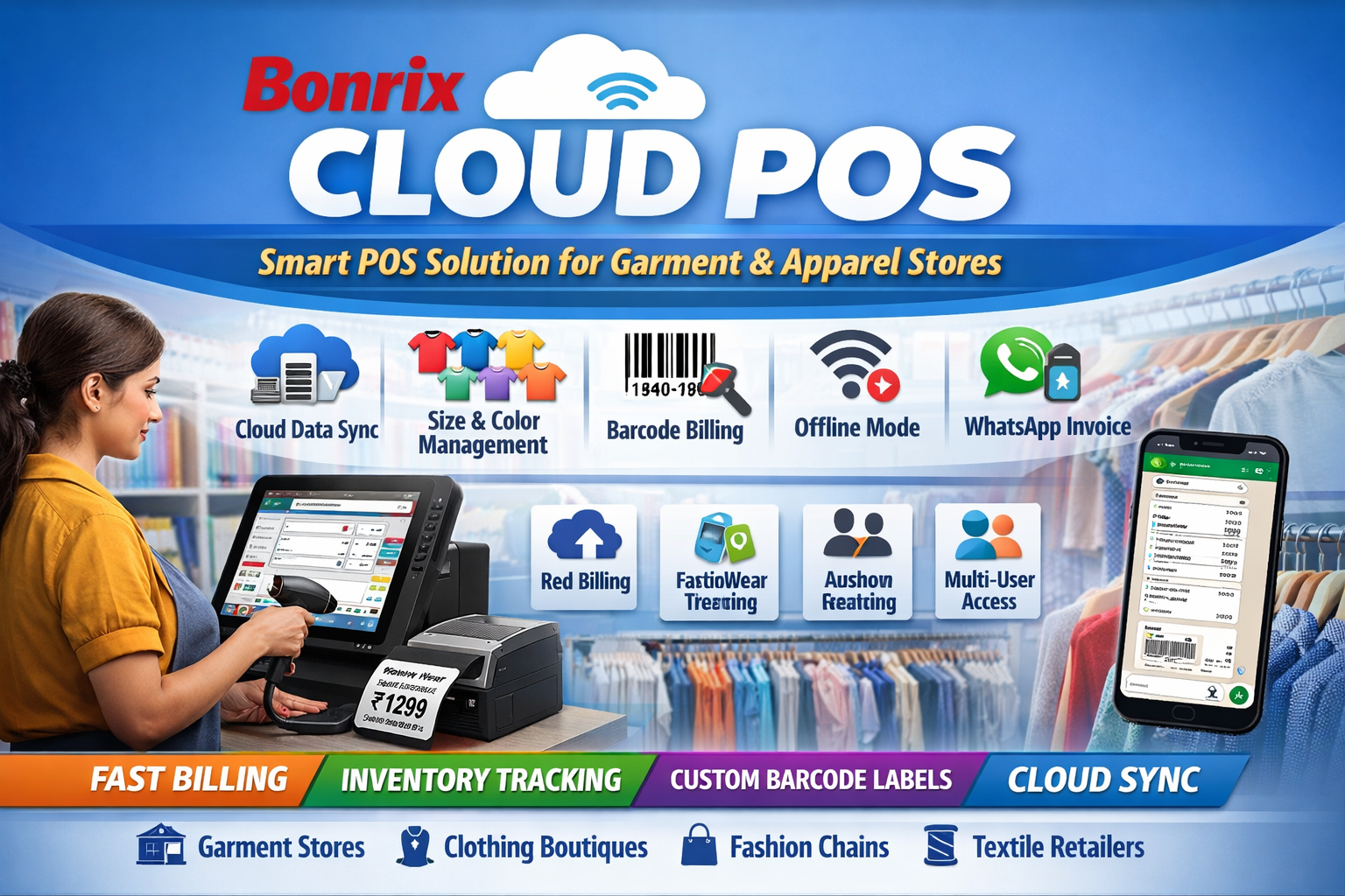 Bonrix Cloud POS for Garment Stores – Size/Color Variant Management & Barcode Billing Interface