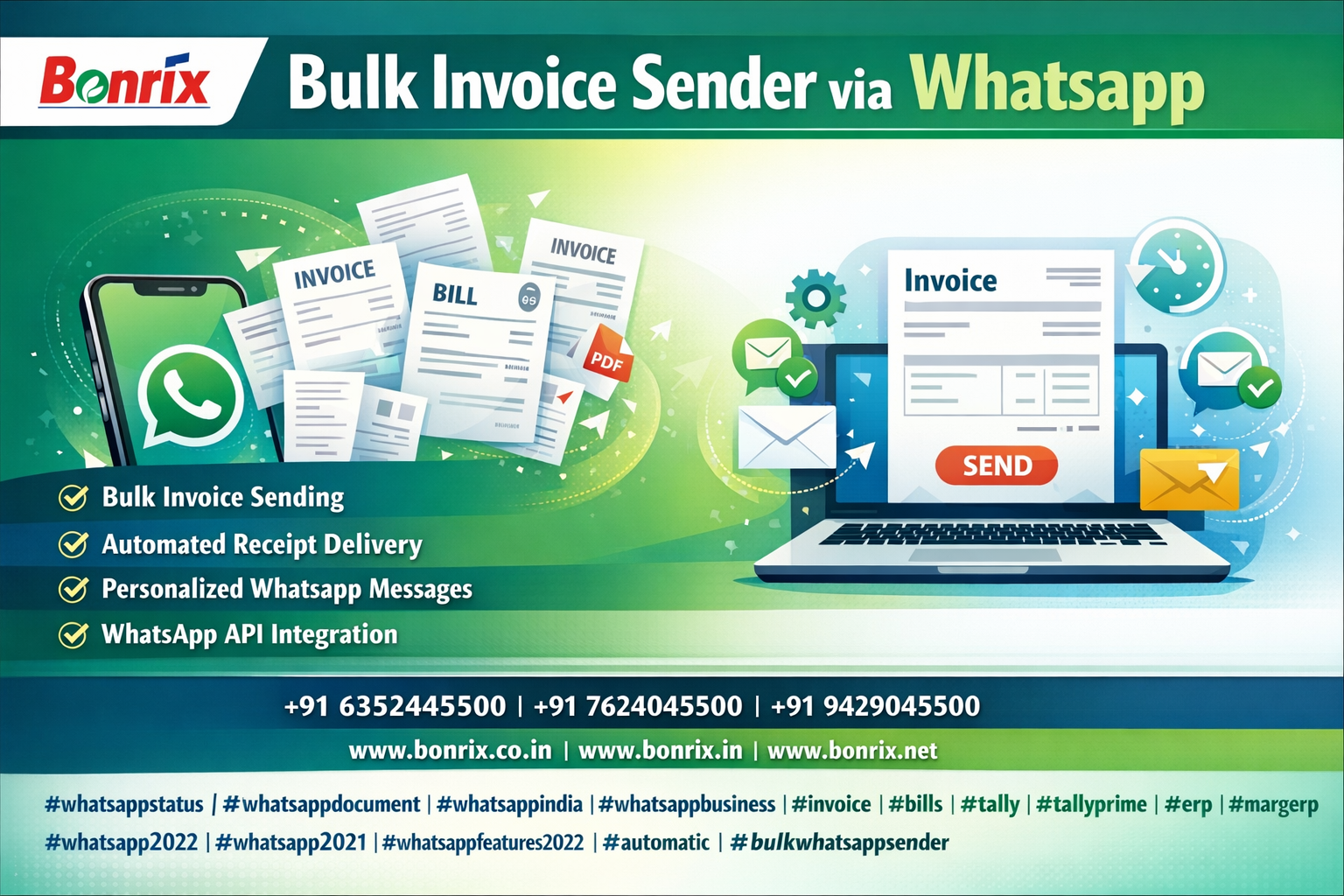 Bonrix Bulk Invoice Sender via WhatsApp Dashboard with CSV Upload and Personalization