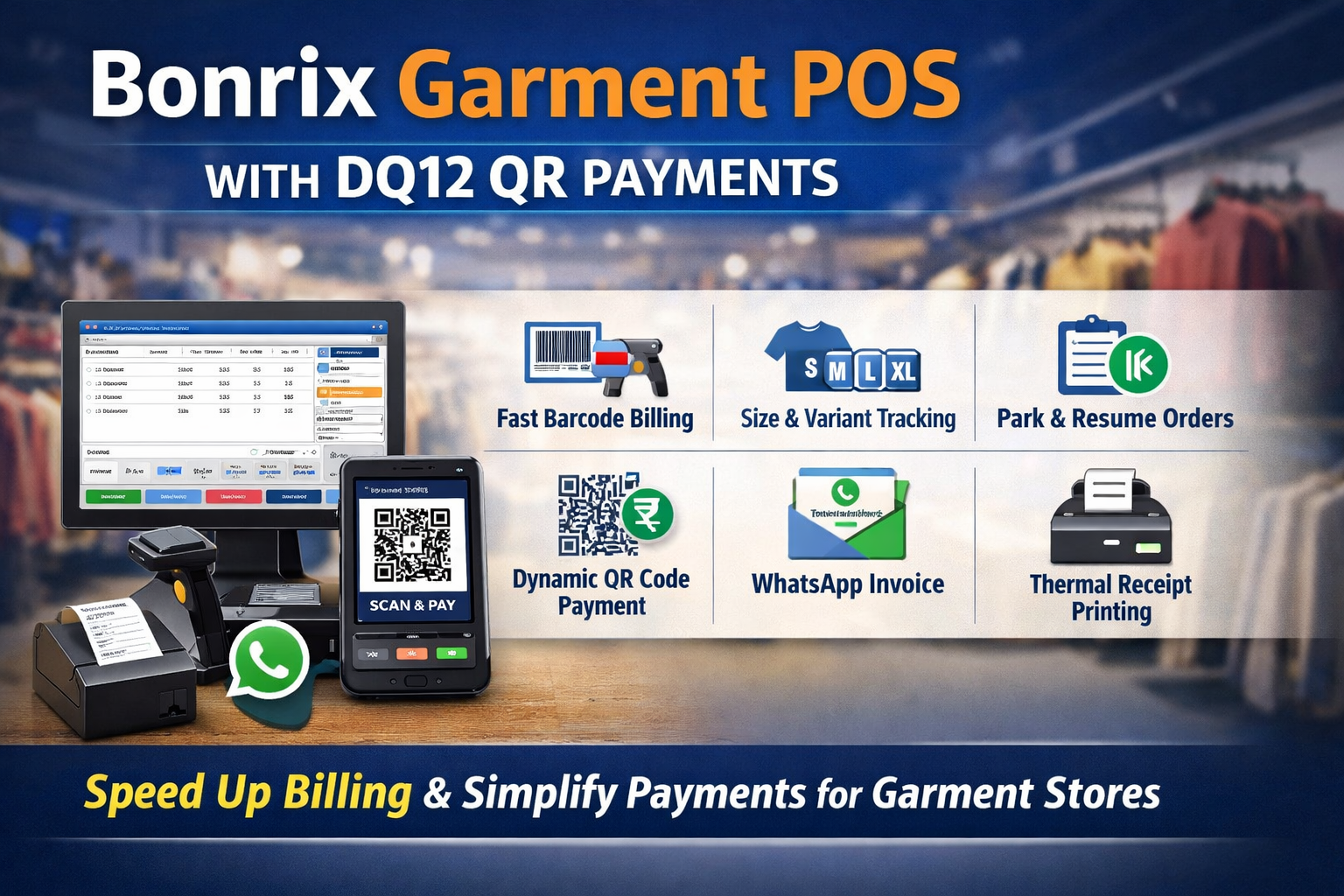 Bonrix POS with DQ12 Dynamic QR – Barcode Billing, Size Variants & UPI Payment Interface for Garment Shops