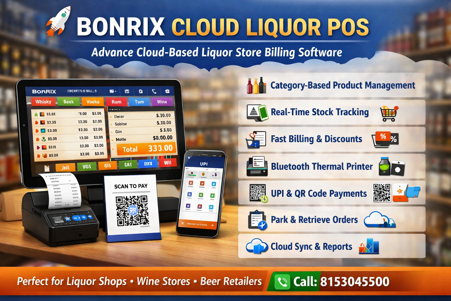 Bonrix Cloud Liquor POS on Android Tablet – Category-Based Billing with UPI Payments & Bluetooth Printer