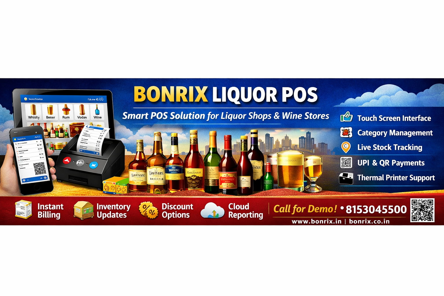 Bonrix Cloud Liquor POS on Android Tablet – Category Wise Billing with UPI & Bluetooth Printer