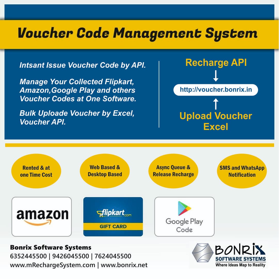 Voucher Code Management System: Instant issue of voucher codes by API. Manage collected Flipkart, Amazon, Google Play, and other voucher codes in one software. Bulk upload vouchers via Excel and API