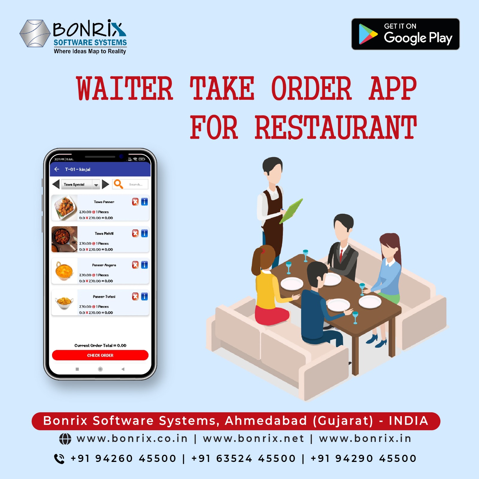 Waiter Take Order App for restaurant to manage orders, share with kitchen, and print bills using WiFi or Bluetooth printers