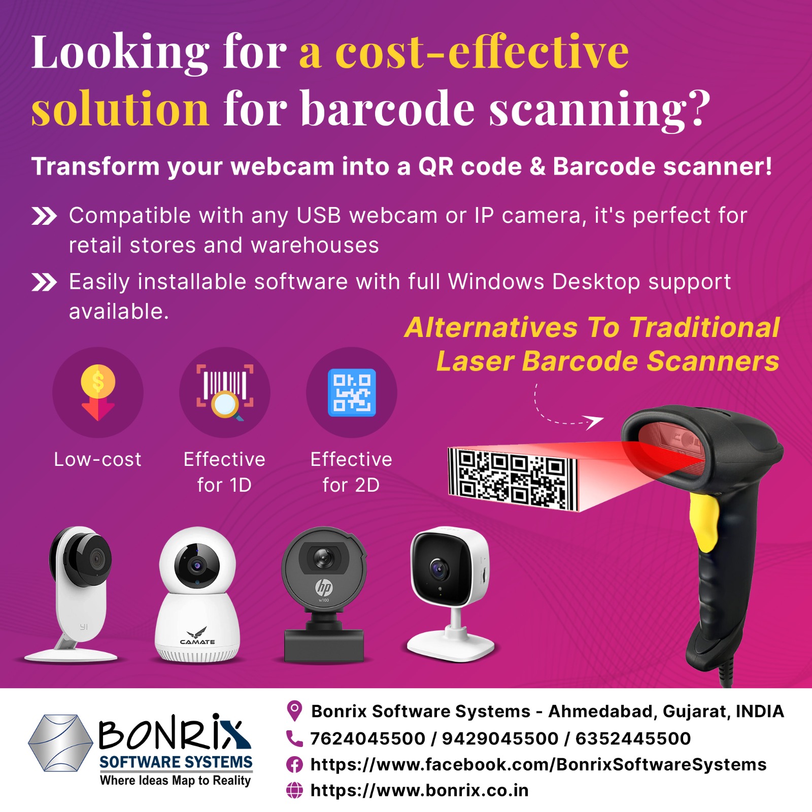 Webcam used as a cost-effective QR code and barcode scanner for retail and warehouse applications